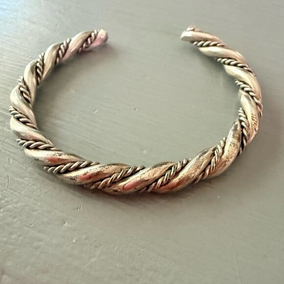 925 Sterling Silver Solid Thick Twisted Rope Cuff Bracelet - Picture 9 of 11